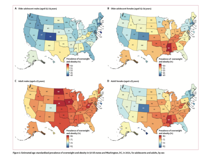 Figure 1: Estimated age-standardised prevalence of overweight and obesity in 50 US states and Washington, DC, in 2021, for adolescents and adults, by sex